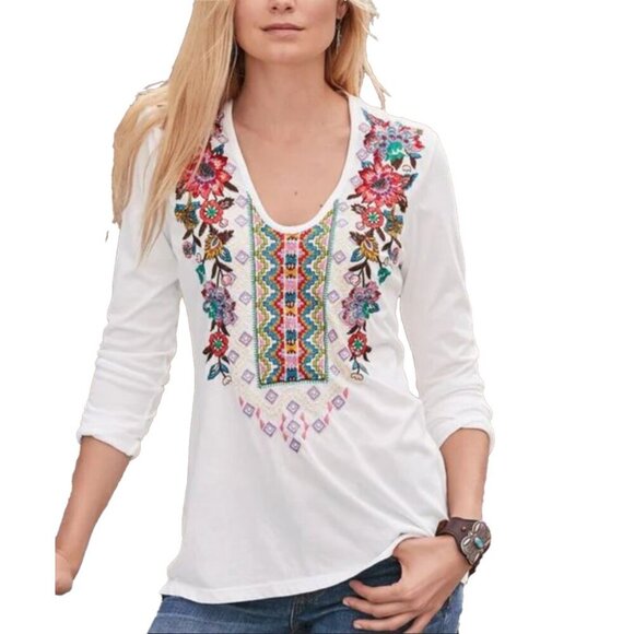 JOHNNY WAS White Embroided Colorful Red Blue Pink Floral Patterns T-shirt Top S - Picture 1 of 5